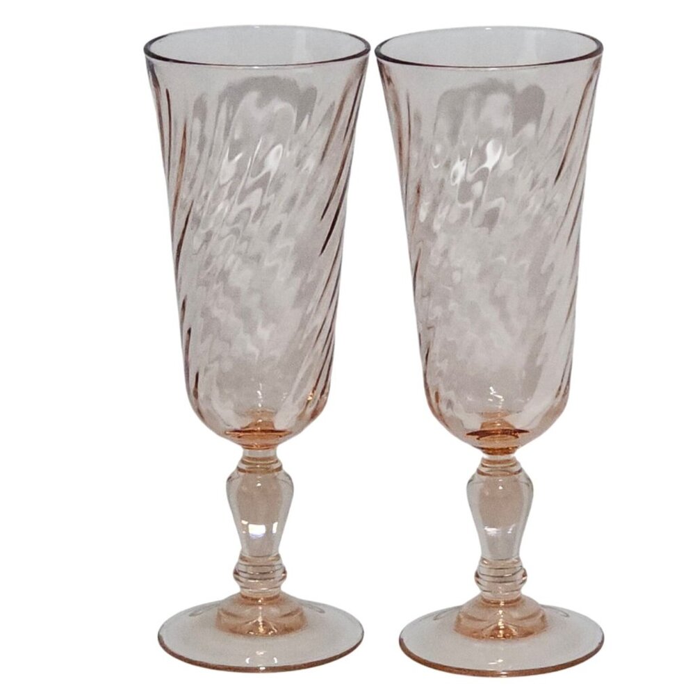 2 Rosalind Cristal DArques Pink Champagne Glasses 6.5" swirl optic vtg romantic